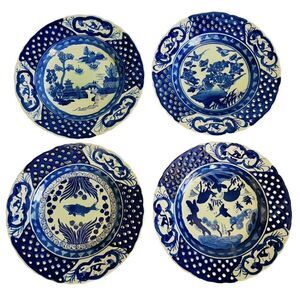 4 Blue Celadon Chinese Porcelain Plate Reticulated Pierced Fish Monkey Bird Set